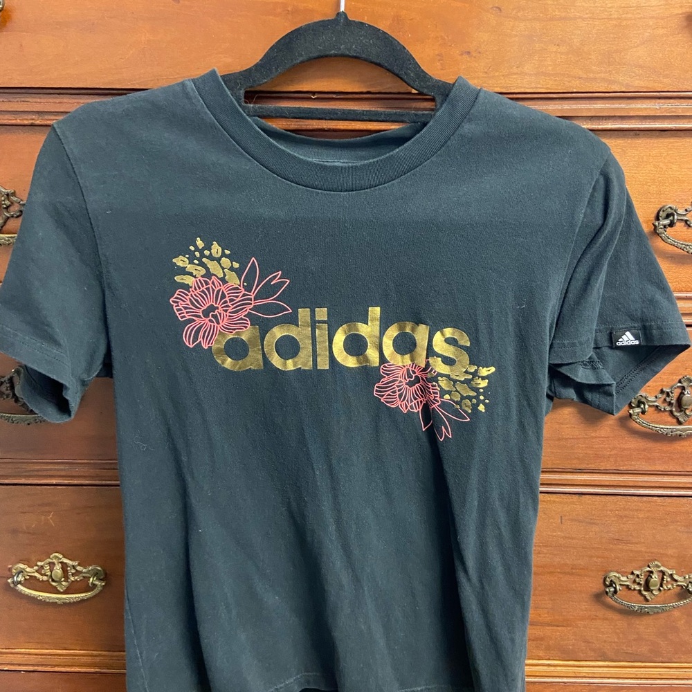 Adidas Black Tee with Gold Logo and Floral Design